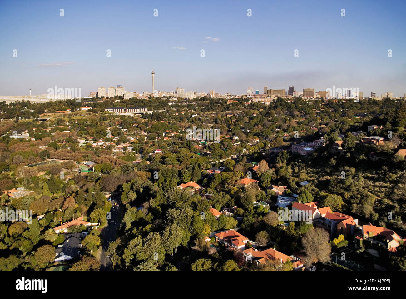 Luftaufnahme von Häusern und Johannesburg CBD im Hintergrund Stockfoto