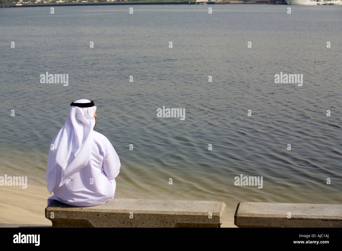 Arabische Mann sitzen im Park, Blick ins Wasser Stockfoto
