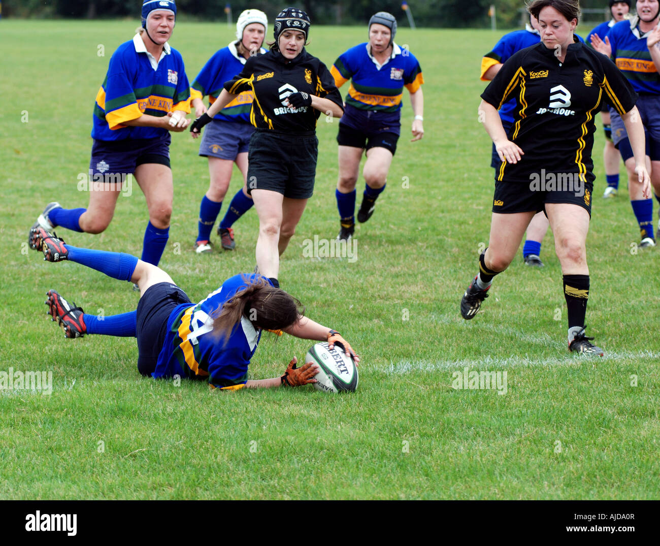 Spieler mit versuchen in der Frauen Rugby Union im Club Level, Leamington Spa, England, UK Stockfoto