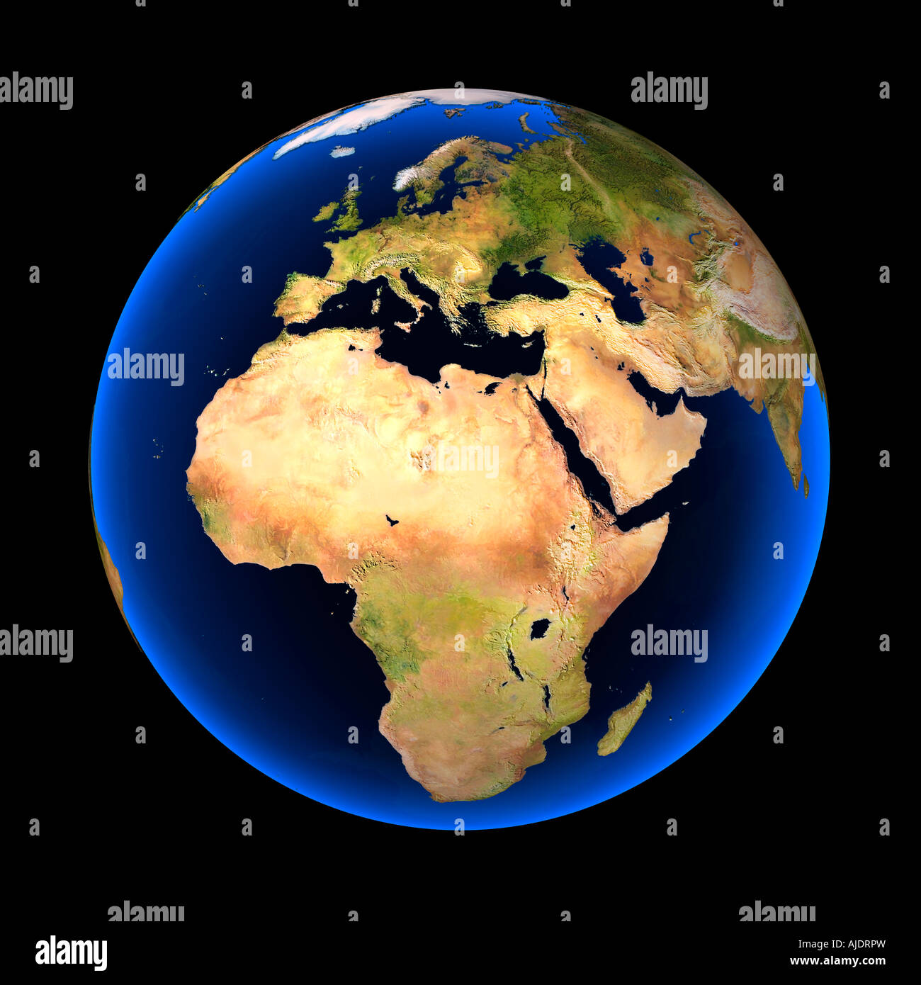 Bunte Erdkugel auf einem schwarzen Hintergrund. Afrika, Europa und Teilen Asiens sind sichtbar. Stockfoto