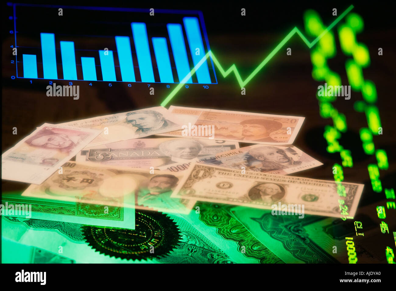 Graph-Währung-Aktienurkunden und Ticker Tape composite Stockfoto