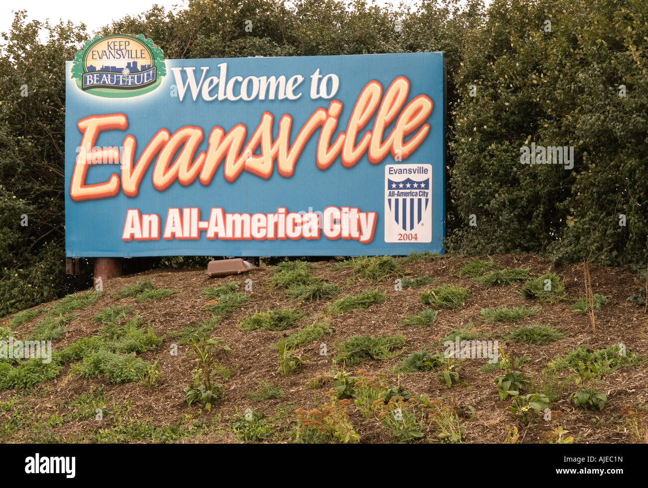 Willkommen in Evansville, Indiana, Schild, das die Stadt als All-America City, USA, bezeichnet. Stockfoto