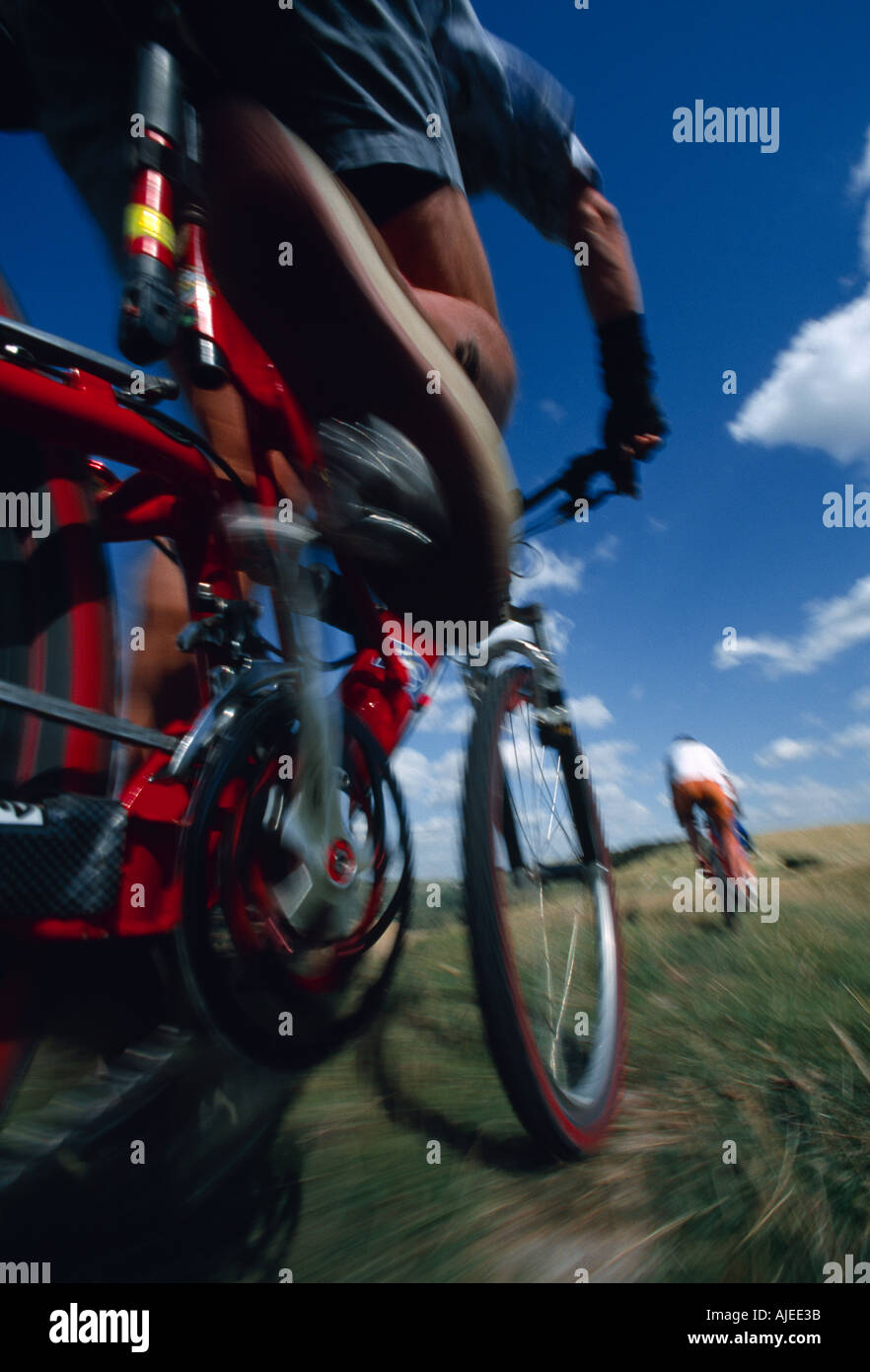 Nahaufnahme der Radfahrer mit dem Mountainbike auf Edburton Escarpment an Devils Dyke West Sussex Stockfoto