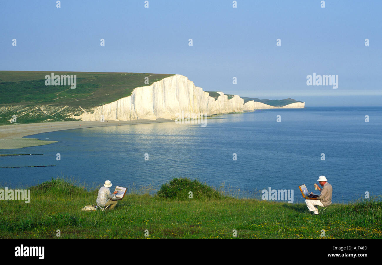 Ärmelkanal weißen Kreidefelsen bekannt als die sieben Schwestern. East Sussex, England. Aquarell-Maler-Künstler Malerei. Stockfoto