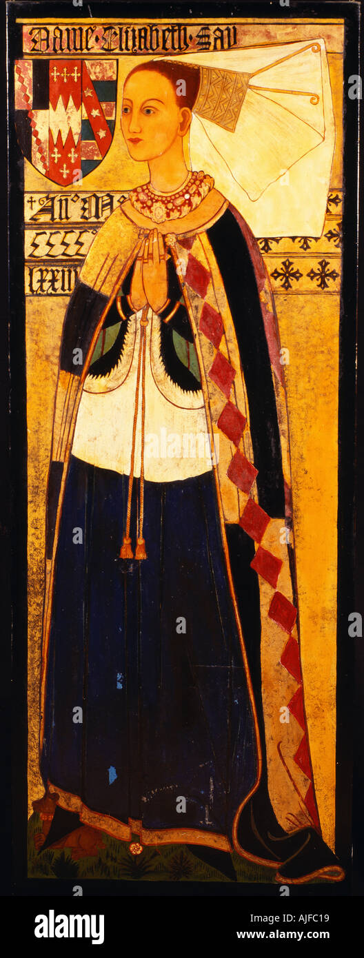 DAME ELIZABETH sagen eine heraldische Gemälde aus einem Messing reiben aus Broxbourne Kirche Hampshire jetzt bei Snowshill Manor Stockfoto DAME ELIZABETH sagen eine heraldische Gemälde aus einem Messing reiben aus Broxbourne Kirche Hampshire jetzt bei Snowshill Manor Stockfoto