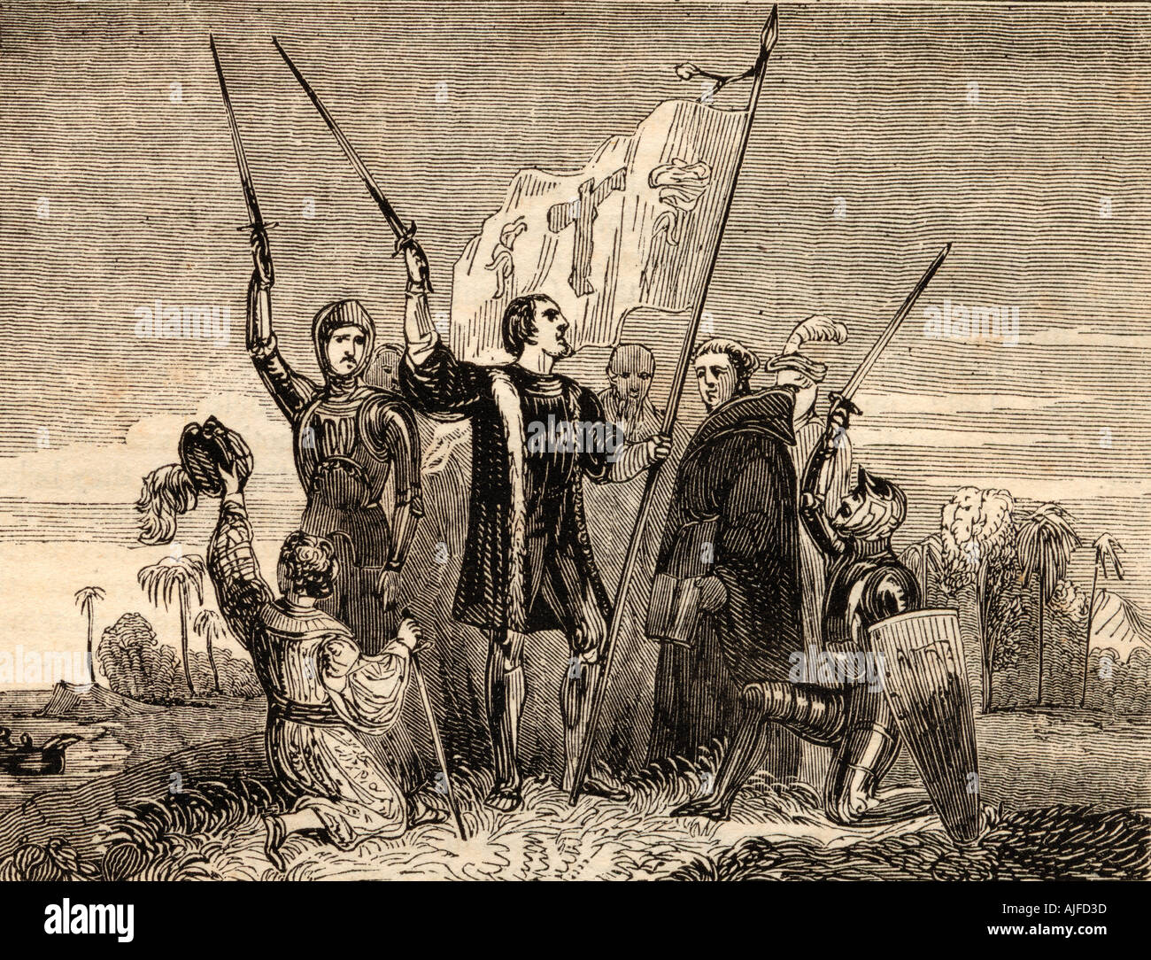 Columbus in Besitz nimmt. Christopher Columbus, 1451-1506. Italienische Forscher und Entdecker Amerikas. Stockfoto
