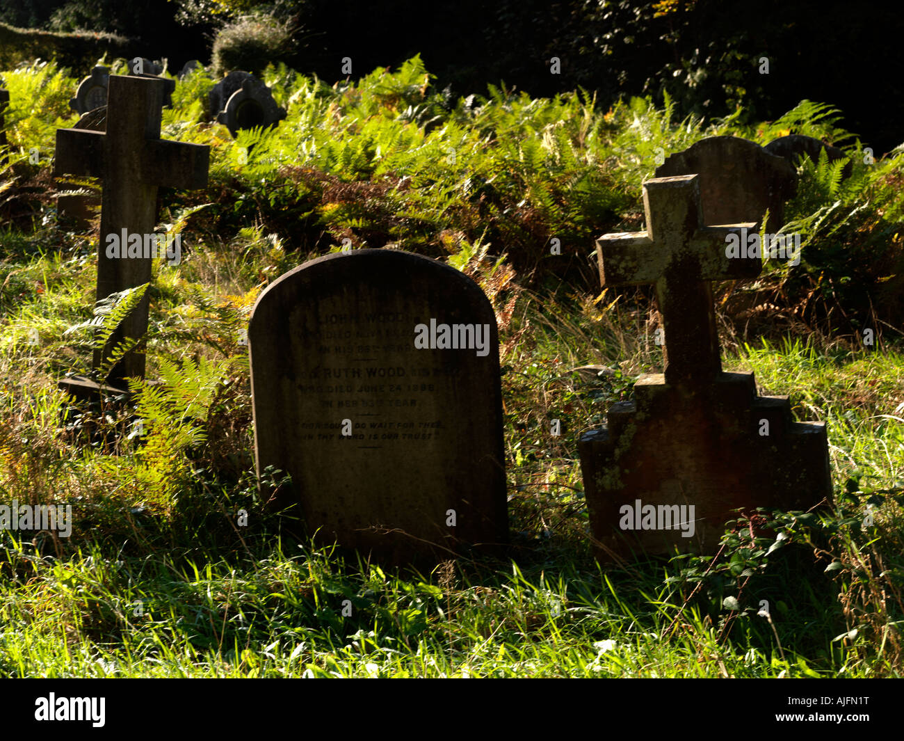 Alten verwitterten Grabsteine aus dem 1800 s an der Holy Trinity Kirche Westcott Surrey in England Stockfoto