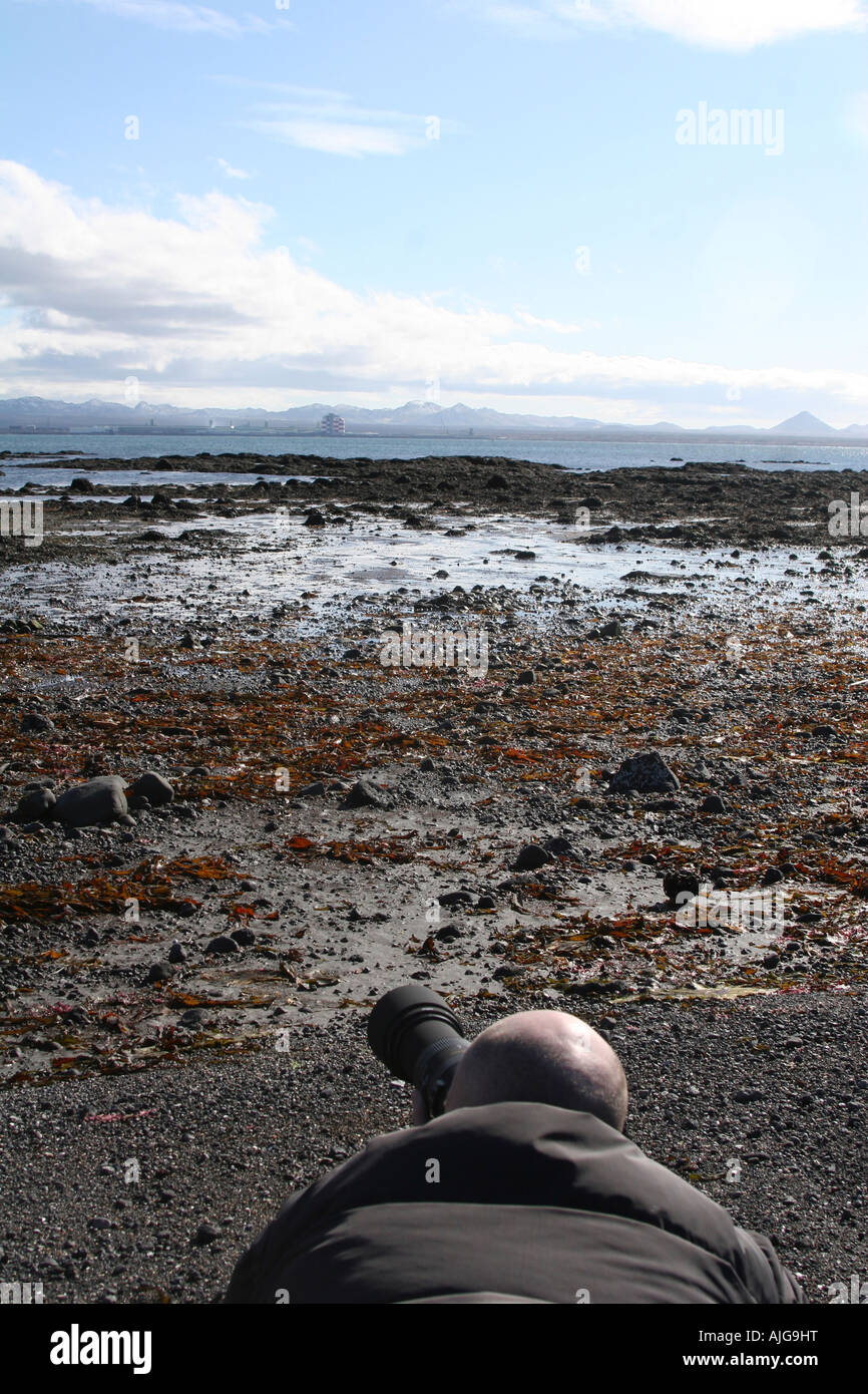professioneller Fotograf liegen am Ufer schießen Seevögel Stockfoto