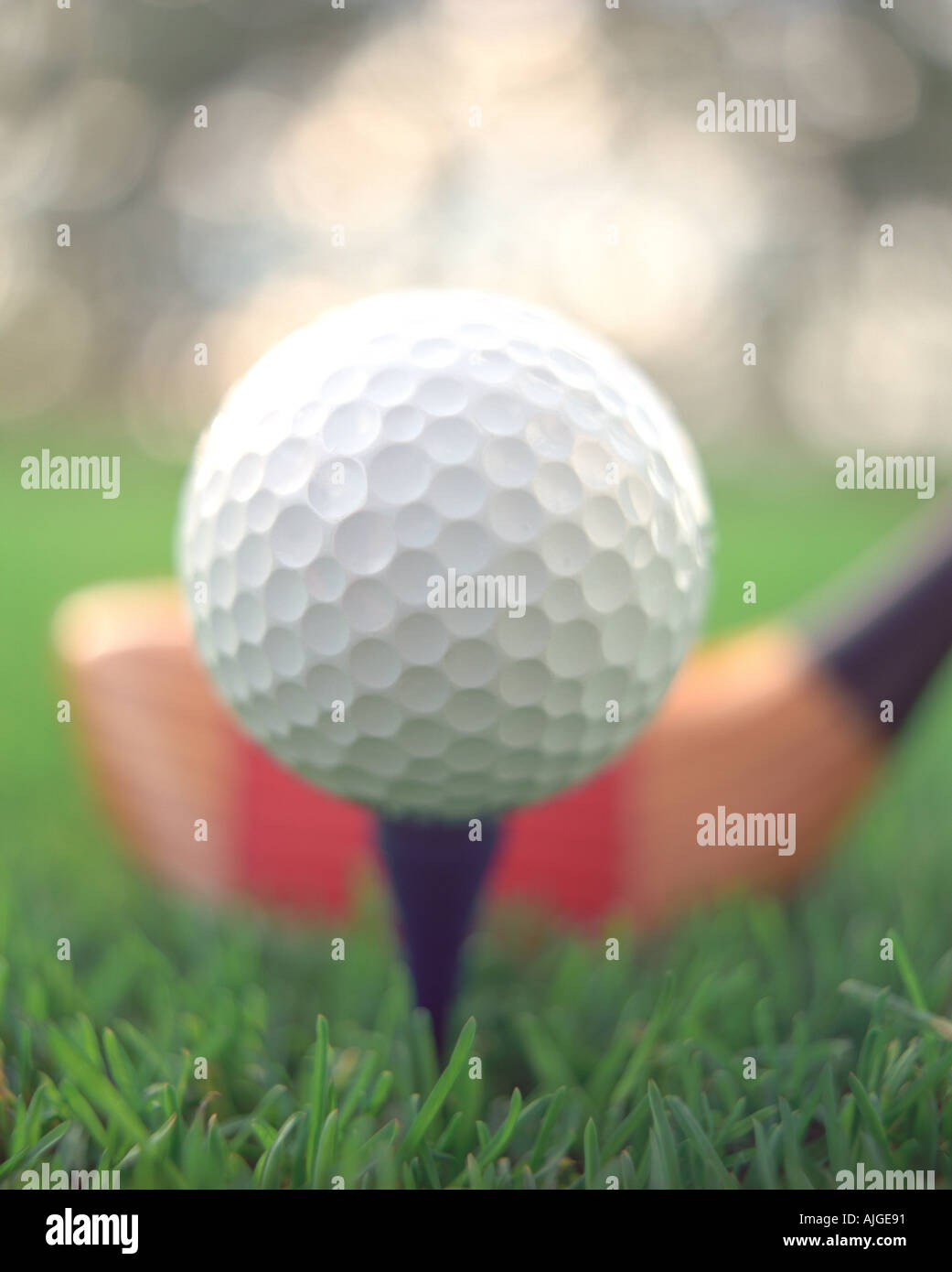 Golfball sitting on Top of t-Shirt mit Golf Club im Hintergrund Stockfoto