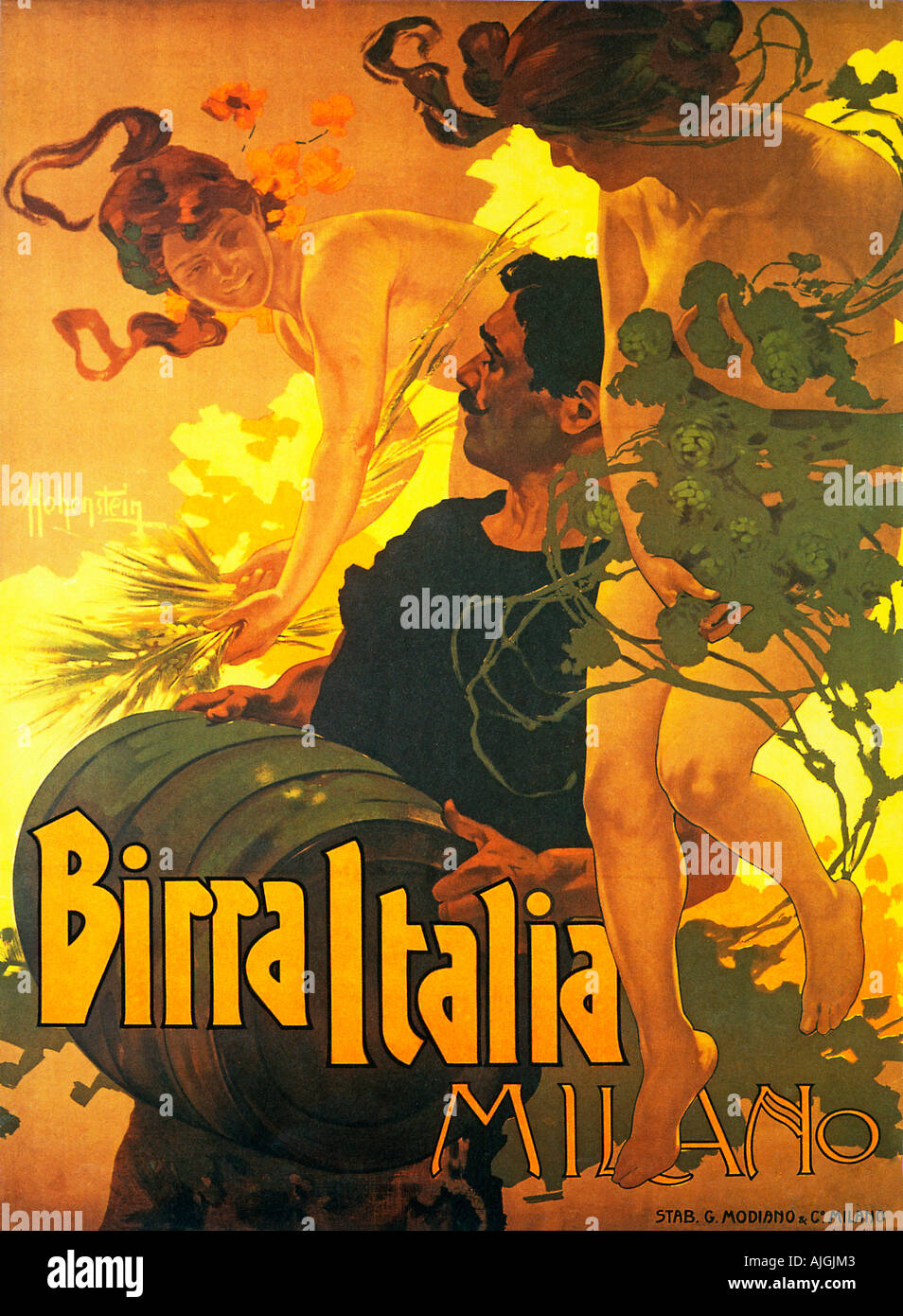 Birra Italia, 1906 Jugendstil Poster von Hohenstein für das italienische Bier aus Mailand, der Traum von der Fuhrmann Stockfoto