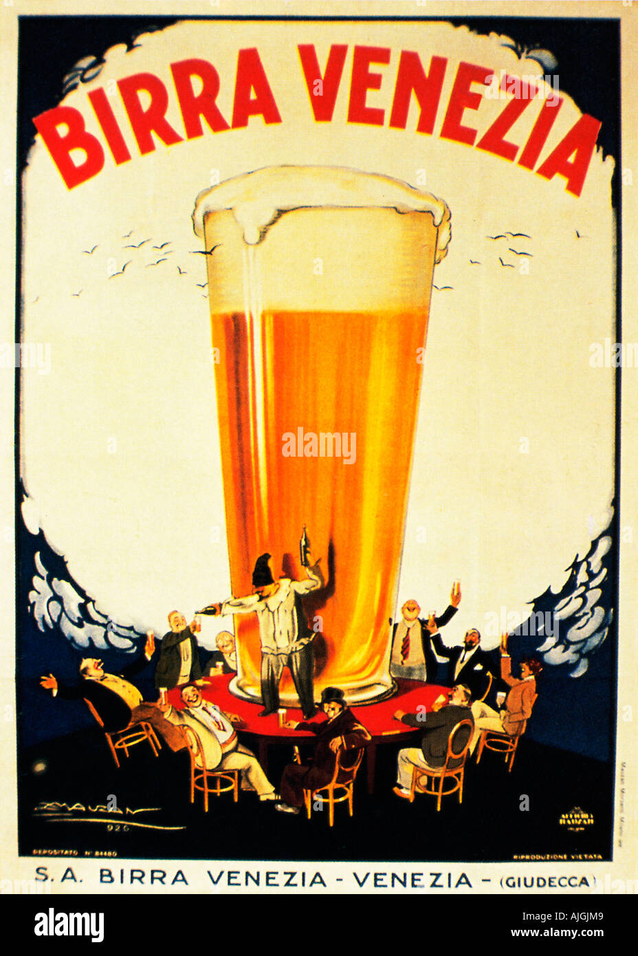 Birra Venezia, 1926-Plakat für die venezianischen Bier von AL Mauzan, einem Trinkgelage rund um ein Bierglas Stockfoto