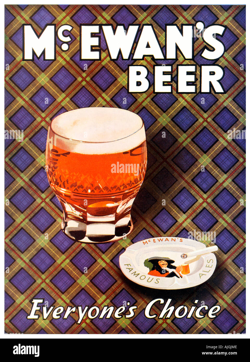 McEwans Beer, jedermanns Wahl der 1950er Jahre Werbung für das schottische Bier mit einem Tartan-Hintergrund Stockfoto