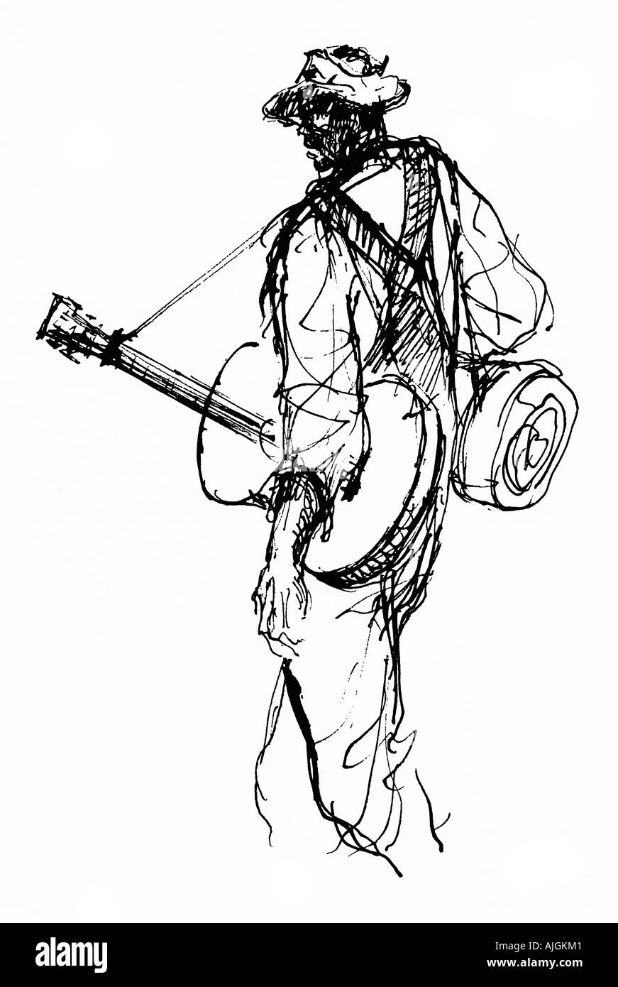 Südlichen Jazz - Movin On Line Zeichnung der New Orleans Musiker auf der Straße mit seiner Gitarre und Bett roll Stockfoto