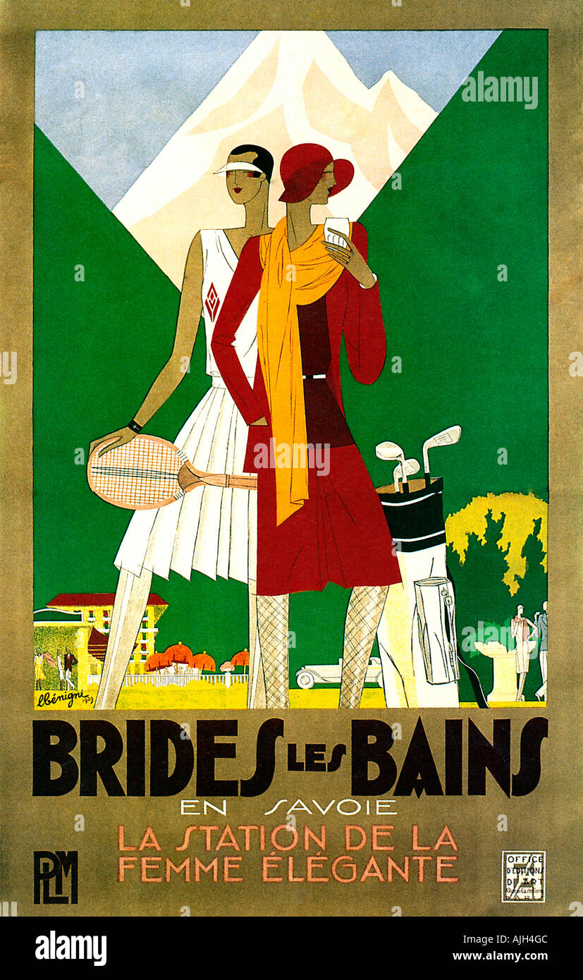 Brides Les Bains, 1929 französische Bahn Art-Deco-Plakat für den alpinen Ferienort in der Savoie, modische Damen bereit für den sport Stockfoto