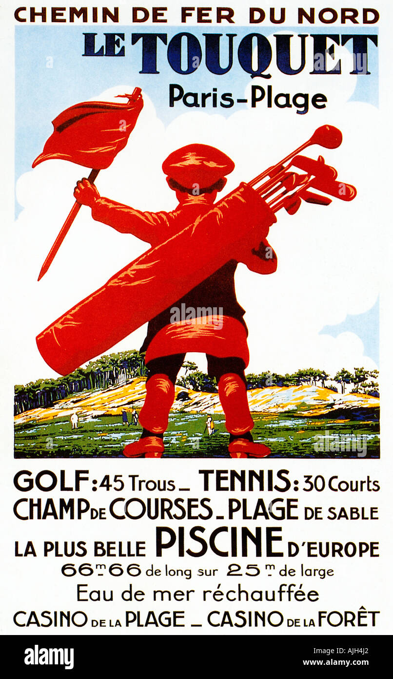Le Touquet Golf französische 1930er Jahre Eisenbahn Poster für die Freizeitaktivitäten von Norden französischen Badeort mit Golf in den Vordergrund Stockfoto