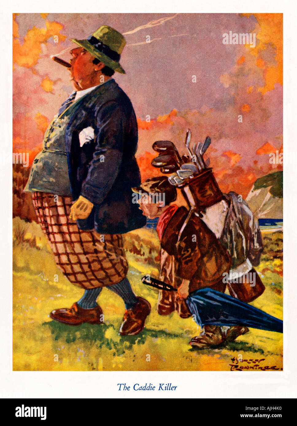 Die Caddy-Killer-1930-Karikatur von ein großer Kerl mit einem kleinen caddy Stockfoto