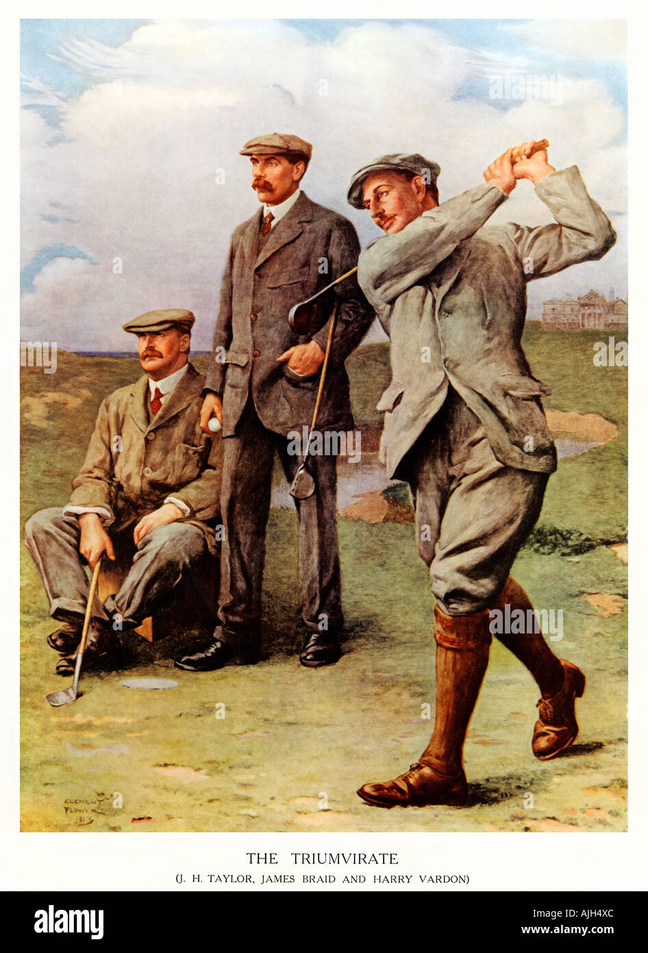 Das große Dreigestirn Clemens Vogelsteller berühmten 1913 Gemälde von Taylor Braid Vardon auf dem Old Course in St. Andrews Stockfoto Das große Dreigestirn Clemens Vogelsteller berühmten 1913 Gemälde von Taylor Braid Vardon auf dem Old Course in St. Andrews Stockfoto