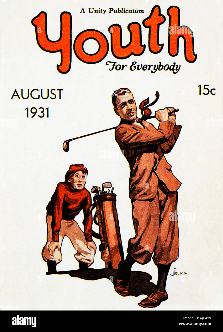 Jugend Golf 1931 Cover des amerikanischen Magazins zeigt der Caddie bewundern seine Master-Laufwerk Stockfoto