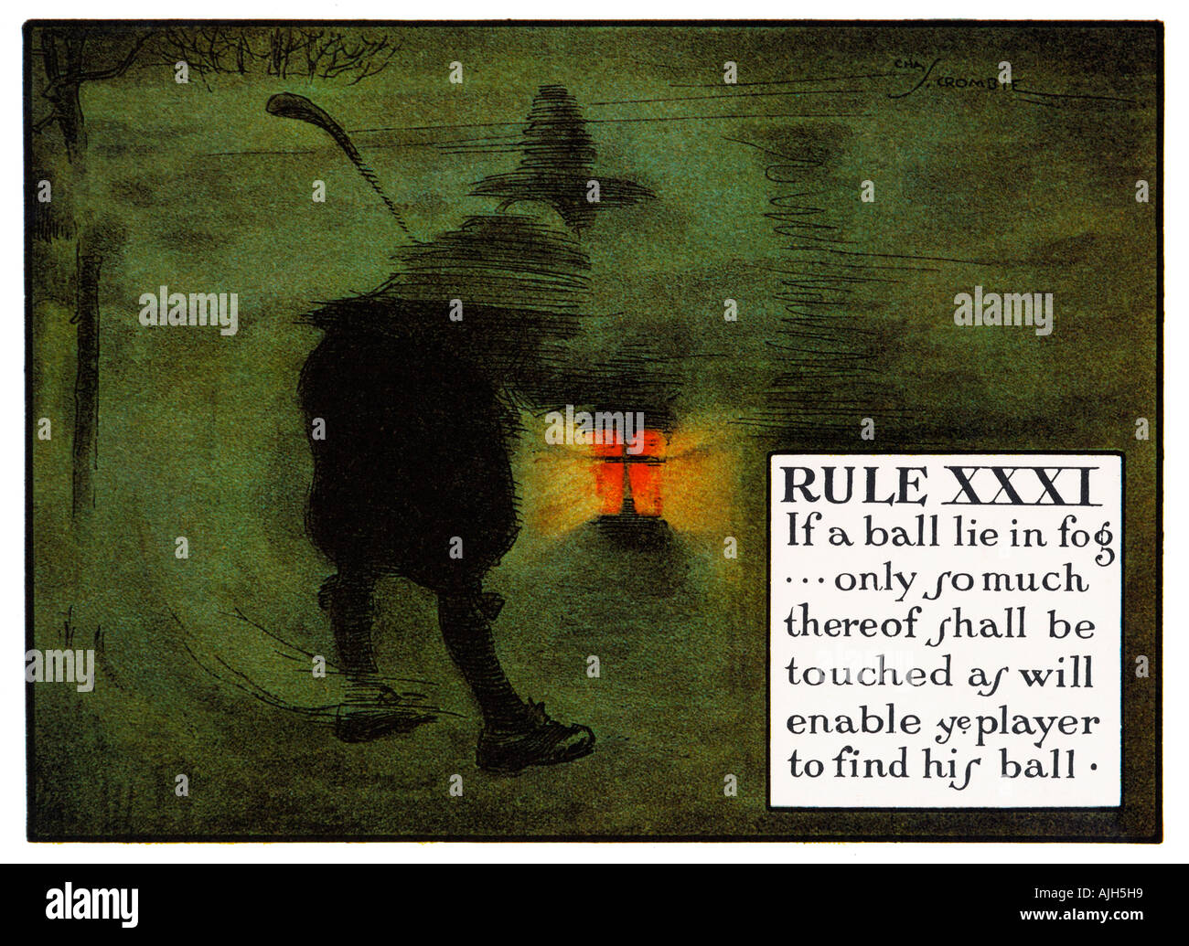 Chas Crombies Regeln des Golf XXXI der Baureihe Perrier 1905, wenn eine Kugel Lüge im Nebel Stockfoto