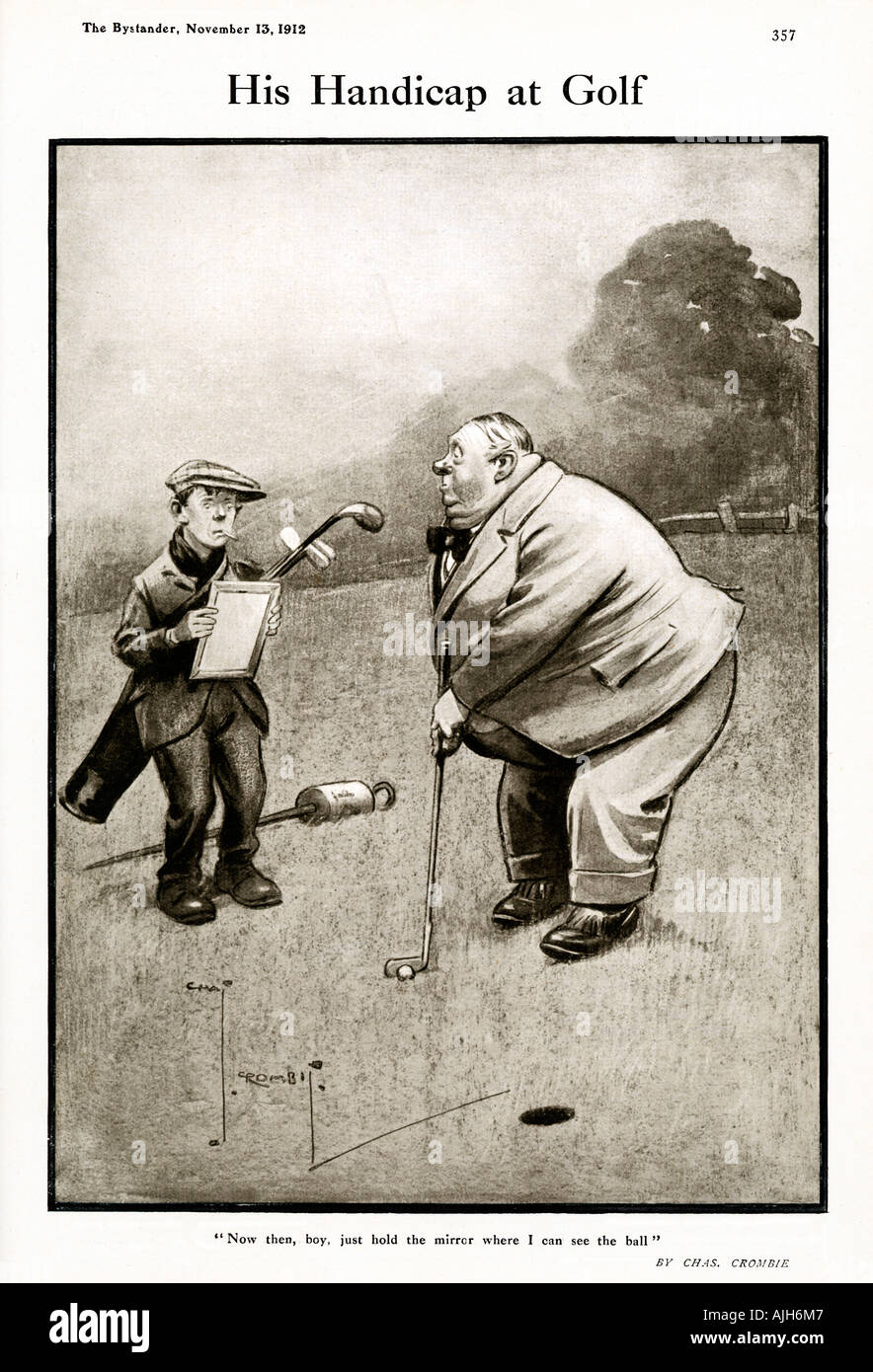 Sein Handicap beim Golf 1912 cartoon auf die Anfrage von einem kräftigen Golfer wieder junge nur halten diese Spiegel, wo ich den Ball zu sehen Stockfoto