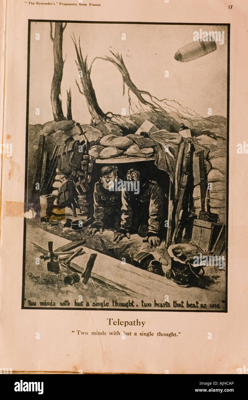 Ersten Weltkrieg cartoon 2 Männer im Angesicht des Todes in einem Einbaum.  2 Köpfe mit einem Gedanken-Beschriftung Stockfoto