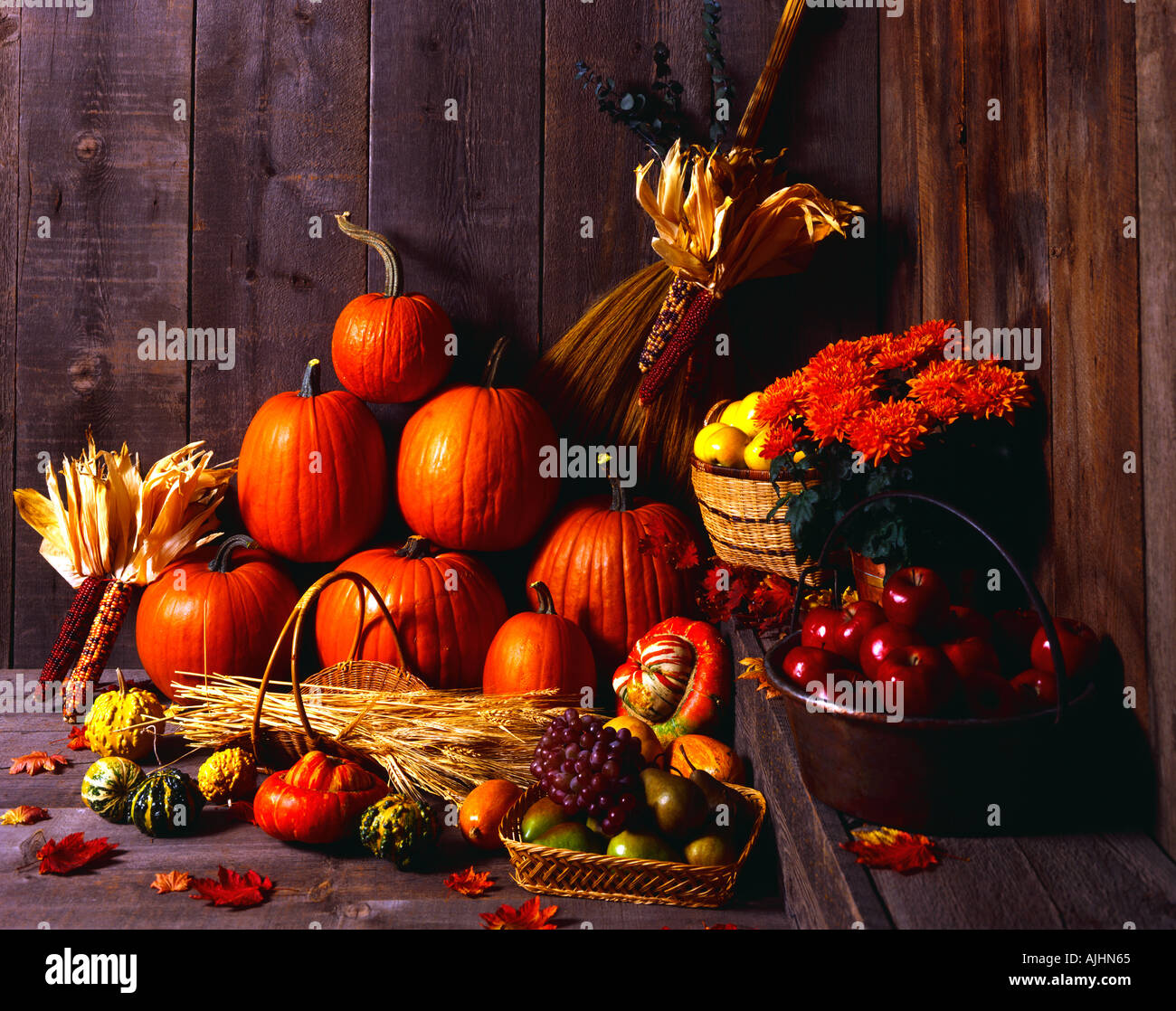 Herbst-Stilleben mit Kürbissen und Saisongemüse und Kürbisse auf einer alten verwitterten Barnwood Hintergrund Stockfoto