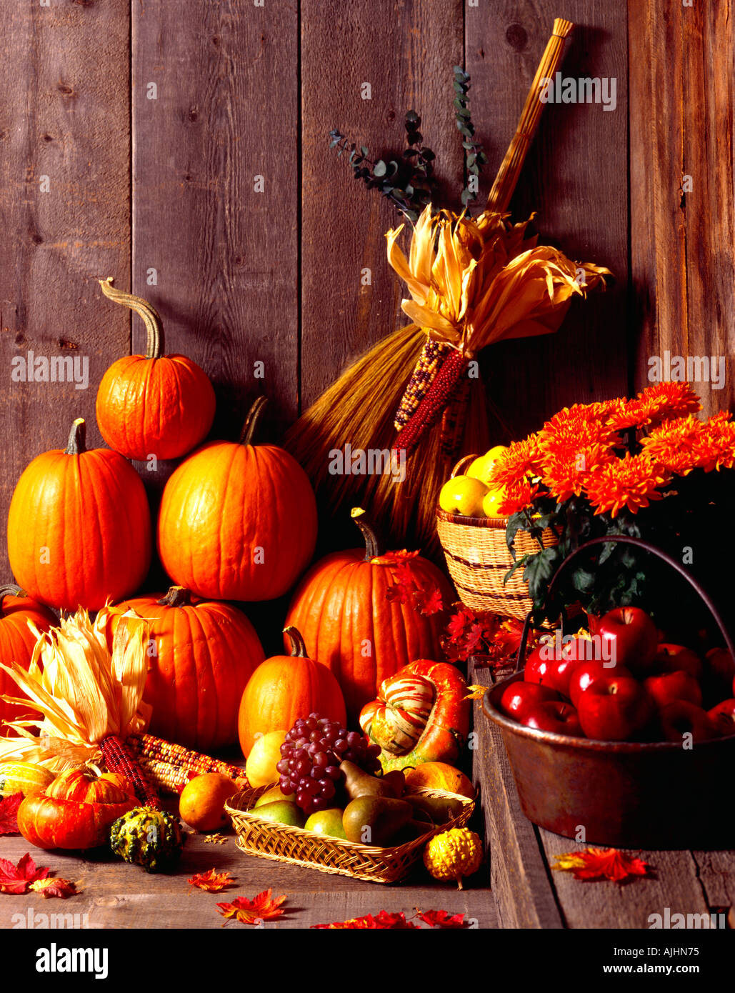 Herbst-Stilleben mit Kürbissen und Saisongemüse und Kürbisse auf einer alten verwitterten Barnwood Hintergrund Stockfoto