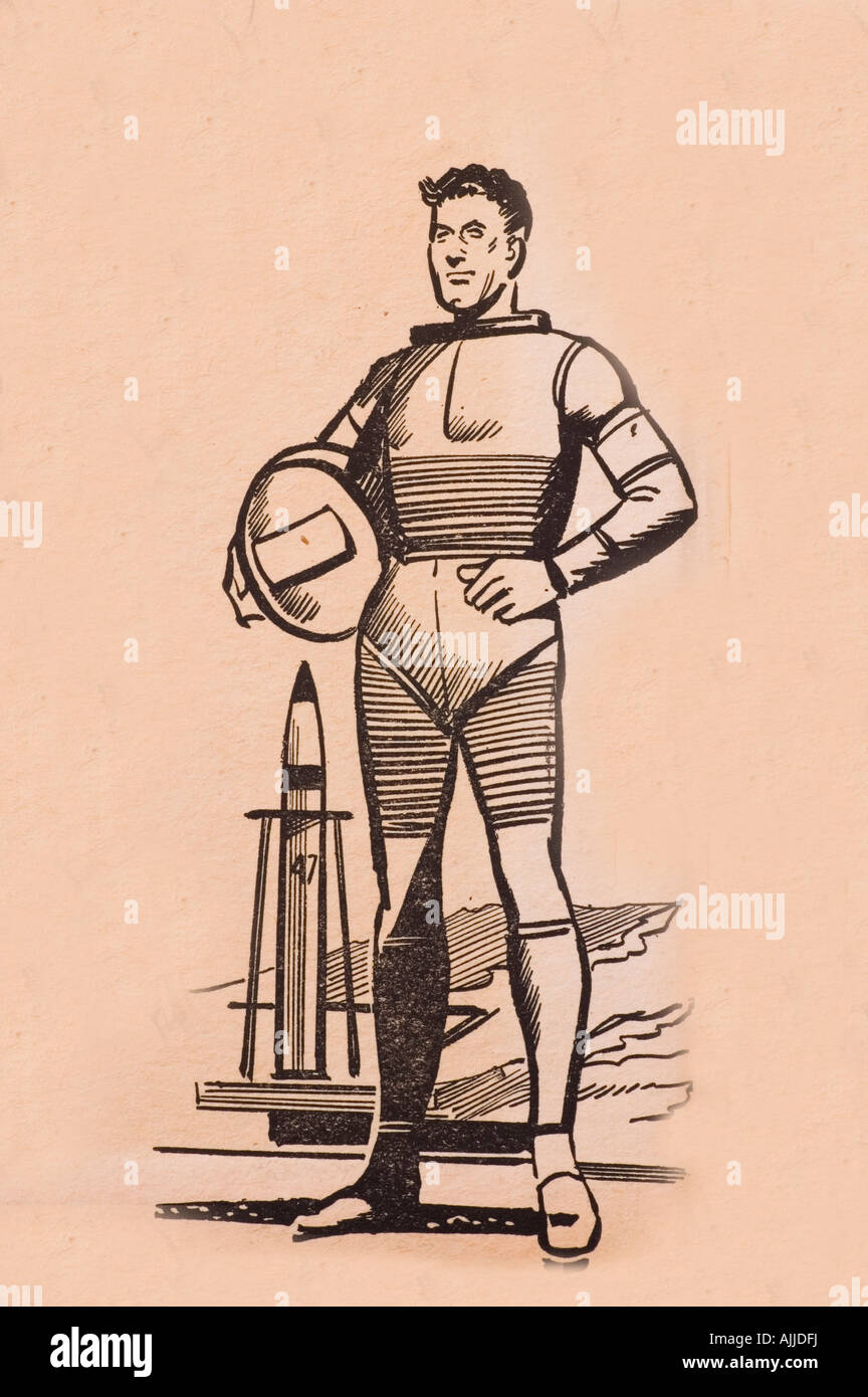 Raum-Mensch und Rakete vom 50er Jahre Comic Stockfoto