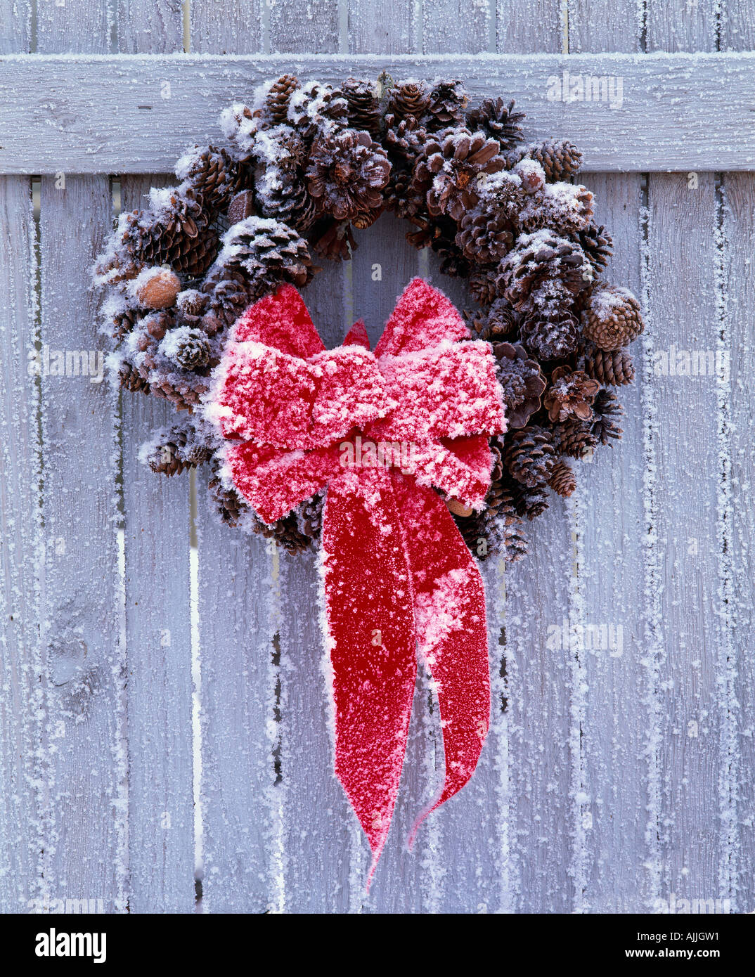 Weihnachtskranz hängen am Zaun mit roten Bogen Winter Portrait Stockfoto