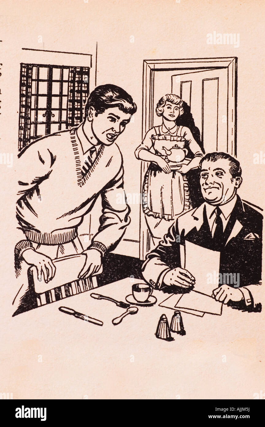 Familie Streit über Esstisch 1950 cartoon Stockfoto