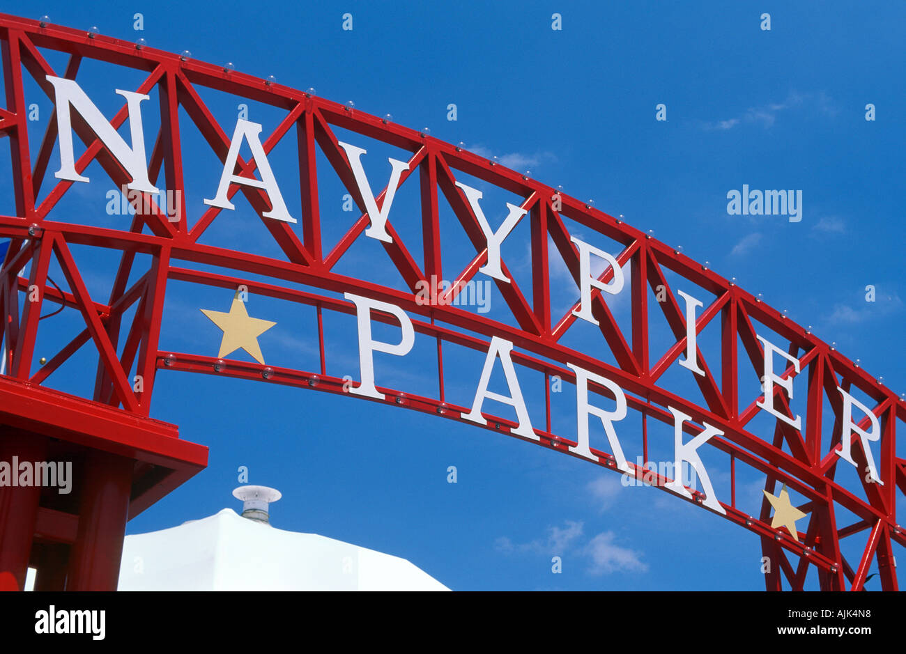 Schild am Navy Pier Park am Lake Michigan in Chicago Stockfoto