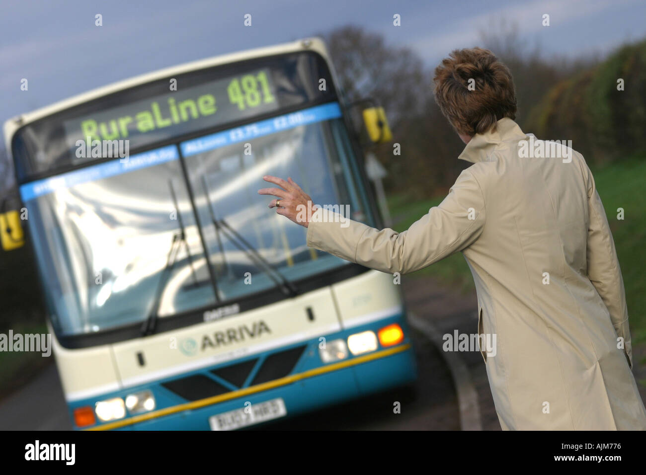 Ländliche Buslinie Frau hagelt einen Bus zu stoppen Stockfoto Ländliche Buslinie Frau hagelt einen Bus zu stoppen Stockfoto
