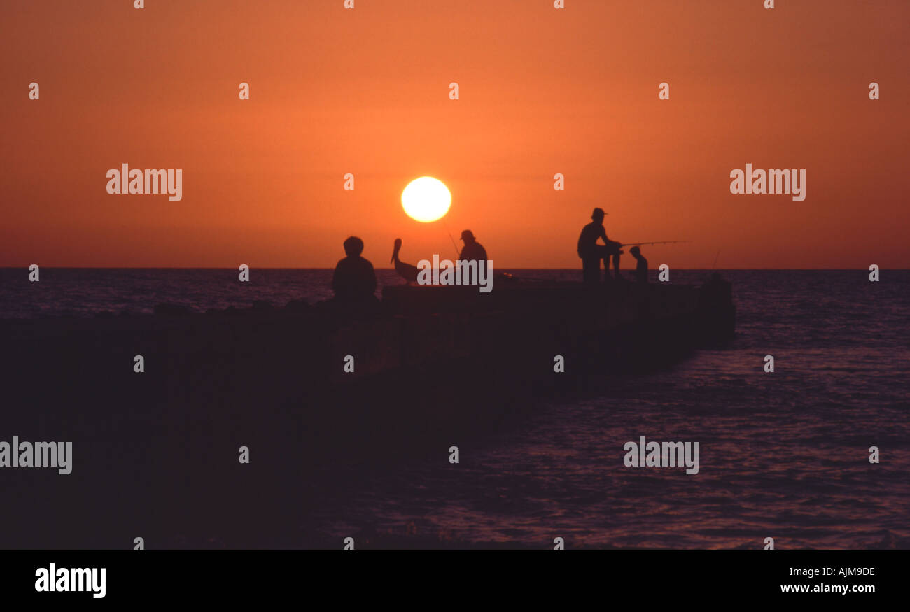8122 Sonnenuntergang Angeln vom Pier Golf von Mexiko Coquina Beach in der Nähe von Bradenton Florida Vereinigte Staaten von Amerika Stockfoto