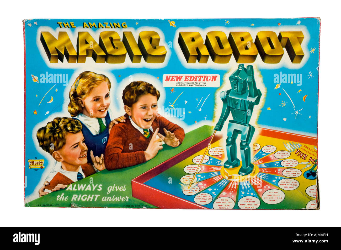 Box von Verdienst Spielzeug 50er Jahre Magic Roboter Vintage Brettspiel - Bildungs- und Spaß-Spiel Stockfoto