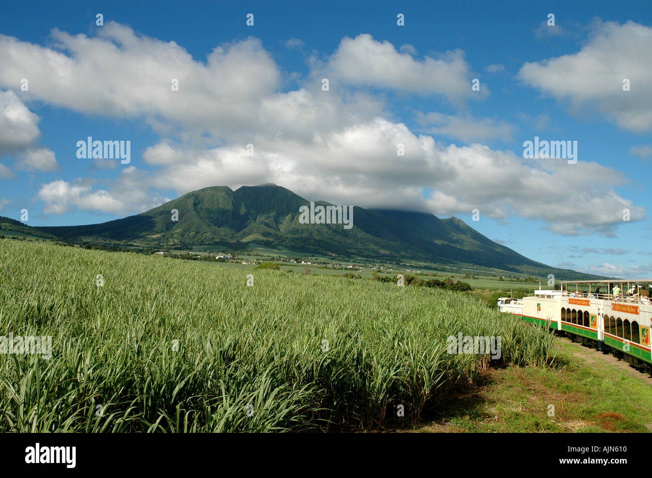 St Kitts Caribbean West Indies Scenic Railway oder Zucker Zug Zuckerrohr Felder Mt Liamuiga Stockfoto