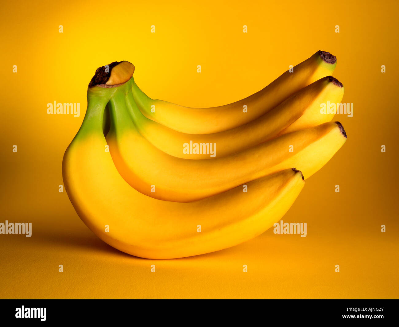 EINE REIHE VON GELBEN BANANEN AUF EINEM PASSENDEN GELBEN HINTERGRUND Stockfoto