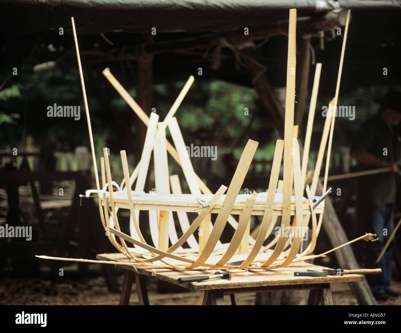 PARTLY gebaut CORACLE mit Asche Holzlatten fixiert an der Form Framework Felge vor dem Trimmen England UK Stockfoto