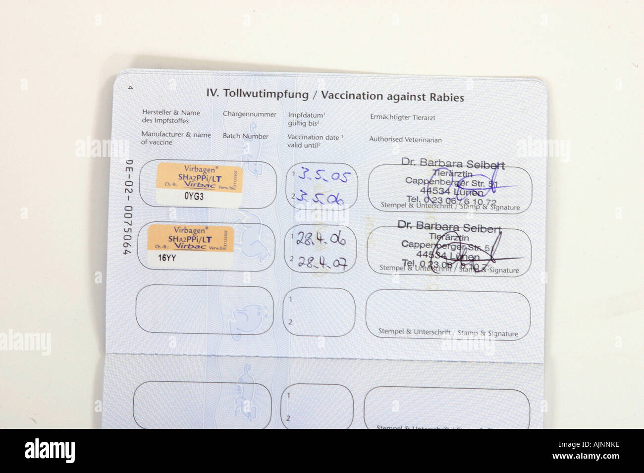 Impfpass für Haustiere Deutschland Tollwut Stockfoto