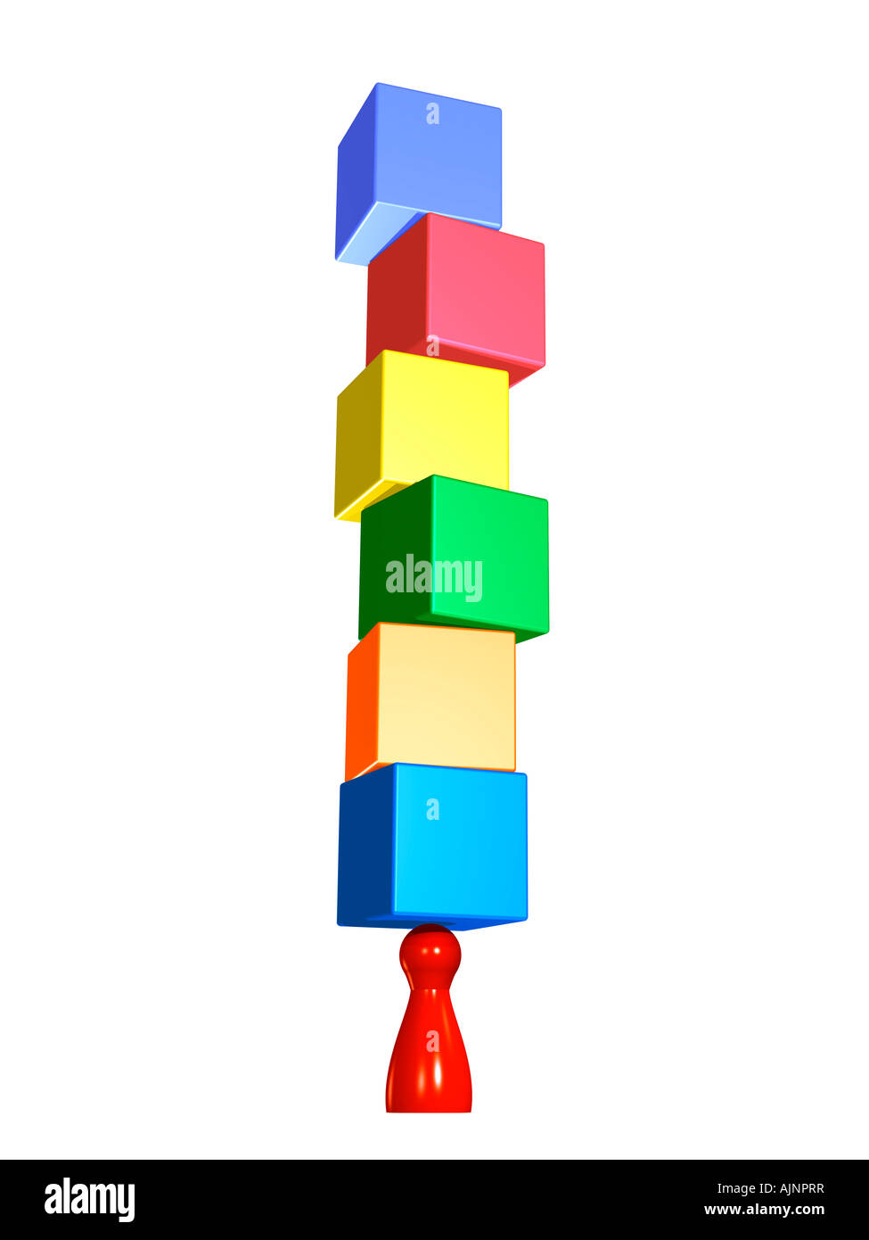 Einen roten Spielstein mit einem Haufen von bunten Boxen an der Spitze. Stockfoto