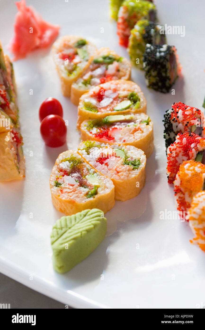 Nahaufnahme von einem Teller mit Wasabi und sushi Stockfoto