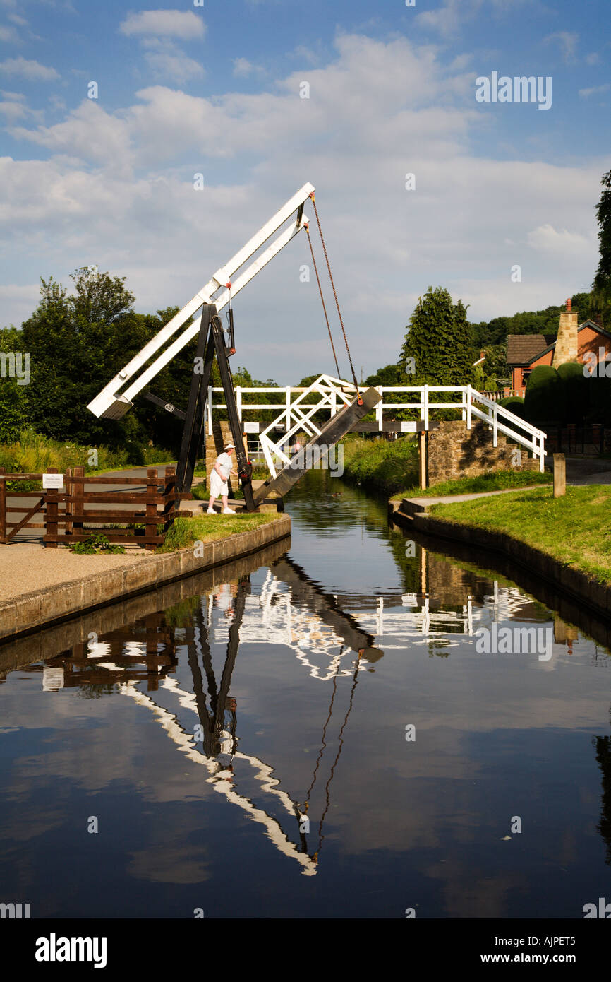 Frau, die Eröffnung einer Hubbrücke auf dem Llangollen Kanal bei Froncysyllte Nord-Wales Stockfoto