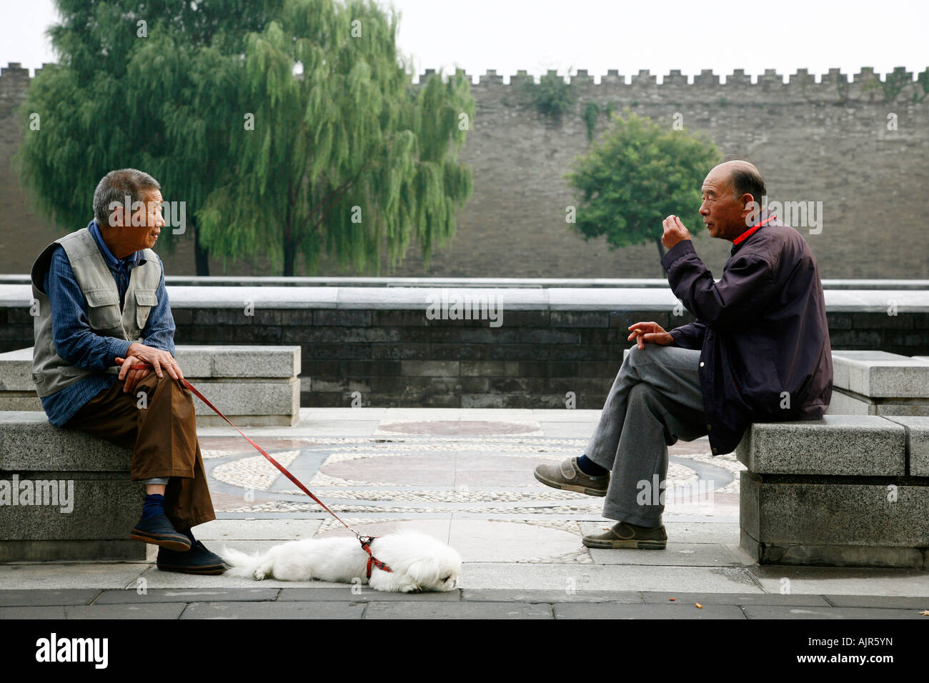 Leute sitzen am Nordpark Graben durch die Mauer der verbotenen Stadt Peking-Chinas Stockfoto
