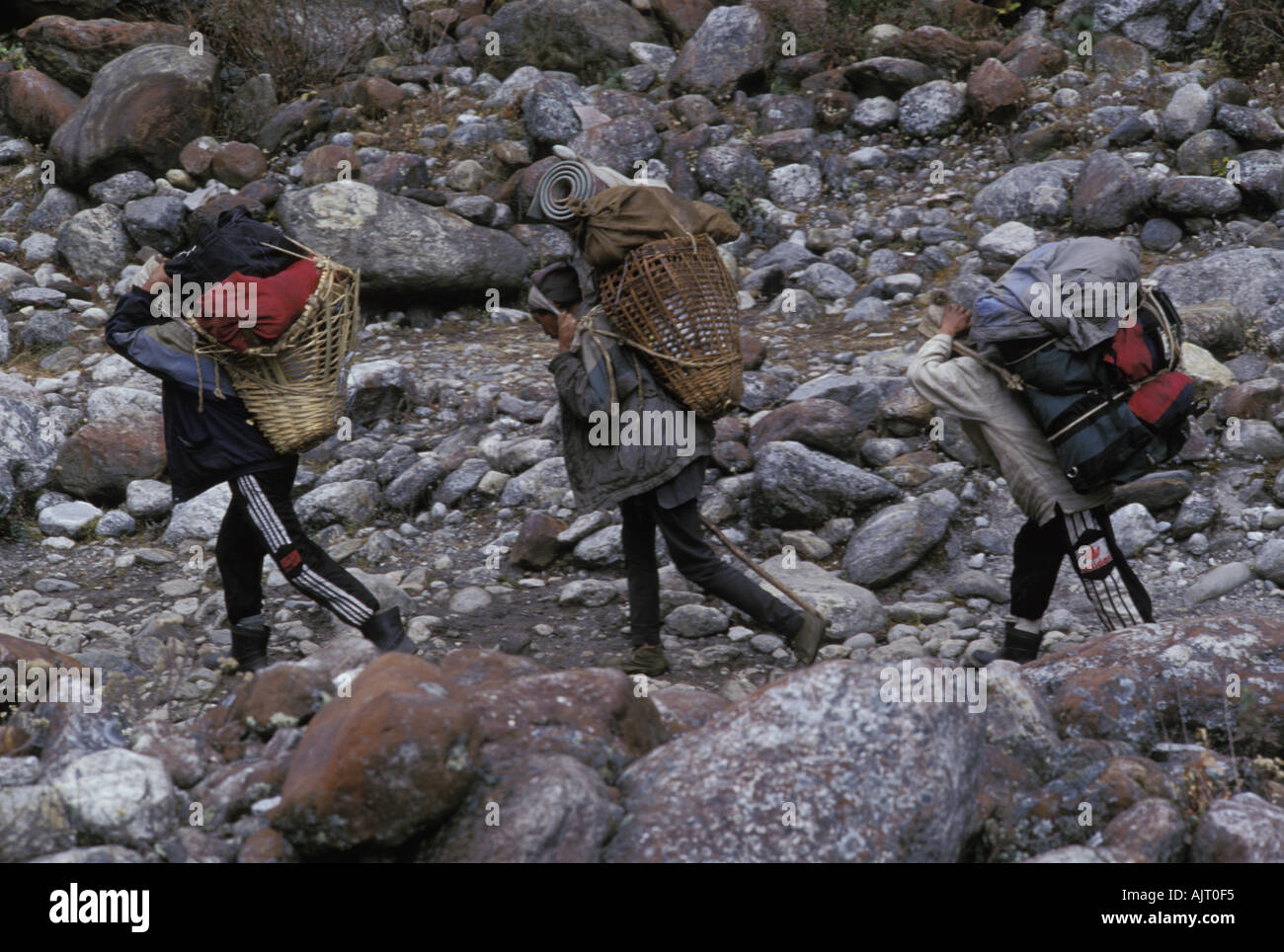 Drei Bergführern tragen schwerer Lasten Stockfoto