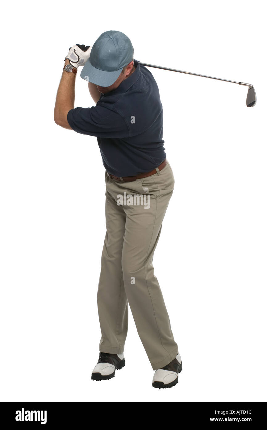 Vorderansicht eines Golfers während seinen Rücken schwingen mit Bügeleisen Stockfoto