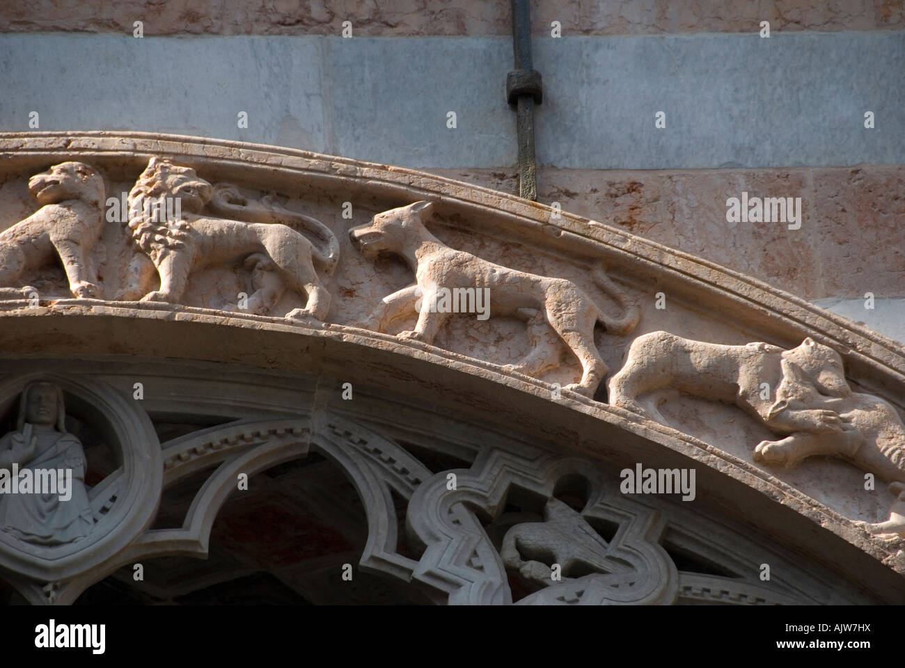 Geschnitzte Kalkstein Hunde schmücken das Eingangstor zur privaten Kapelle ein 17. Jahrhundert italienischer General. Stockfoto