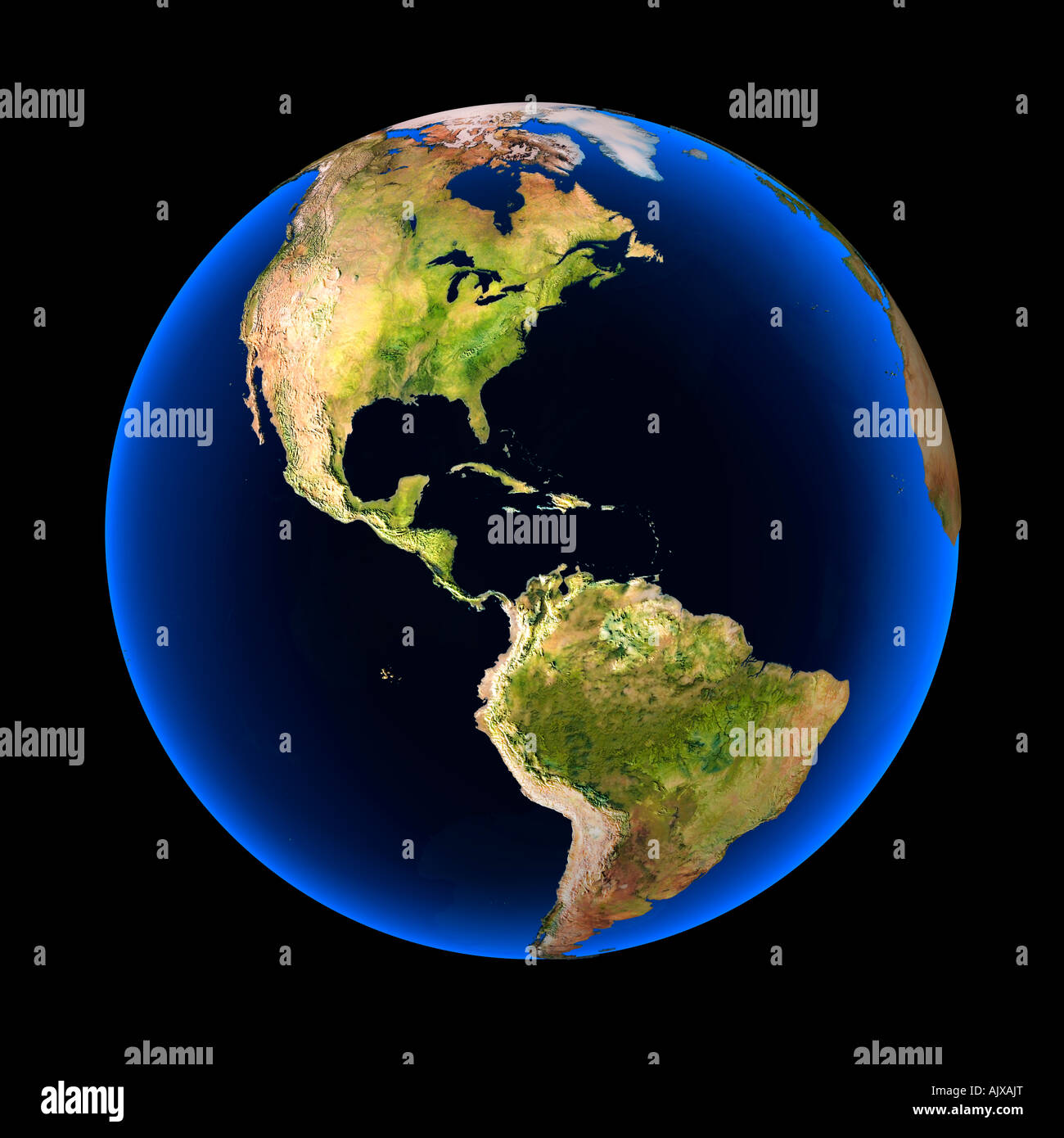 Bunte Erdkugel auf einem schwarzen Hintergrund. Nord- und Südamerika sind sichtbar. Stockfoto