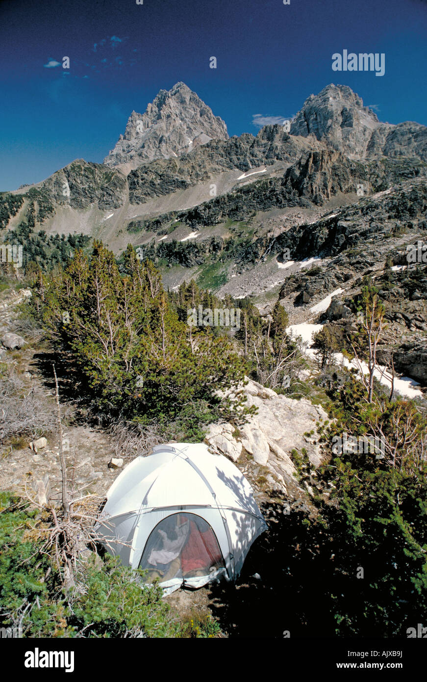 Elk266 2041 Wyoming Grand Teton NP Teton Crest Trail Hurrikan Pass Tetons mit Zelt Stockfoto