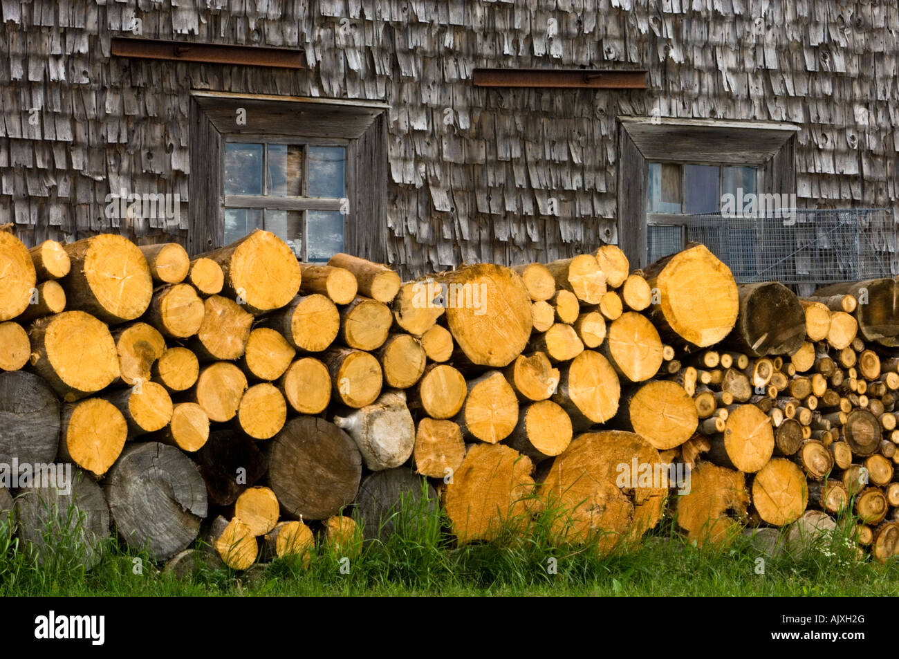 Holzhaufen gestapelt entlang verwitterte Wand des Hauses, ste Flavie, QC-Quebec, Kanada Stockfoto