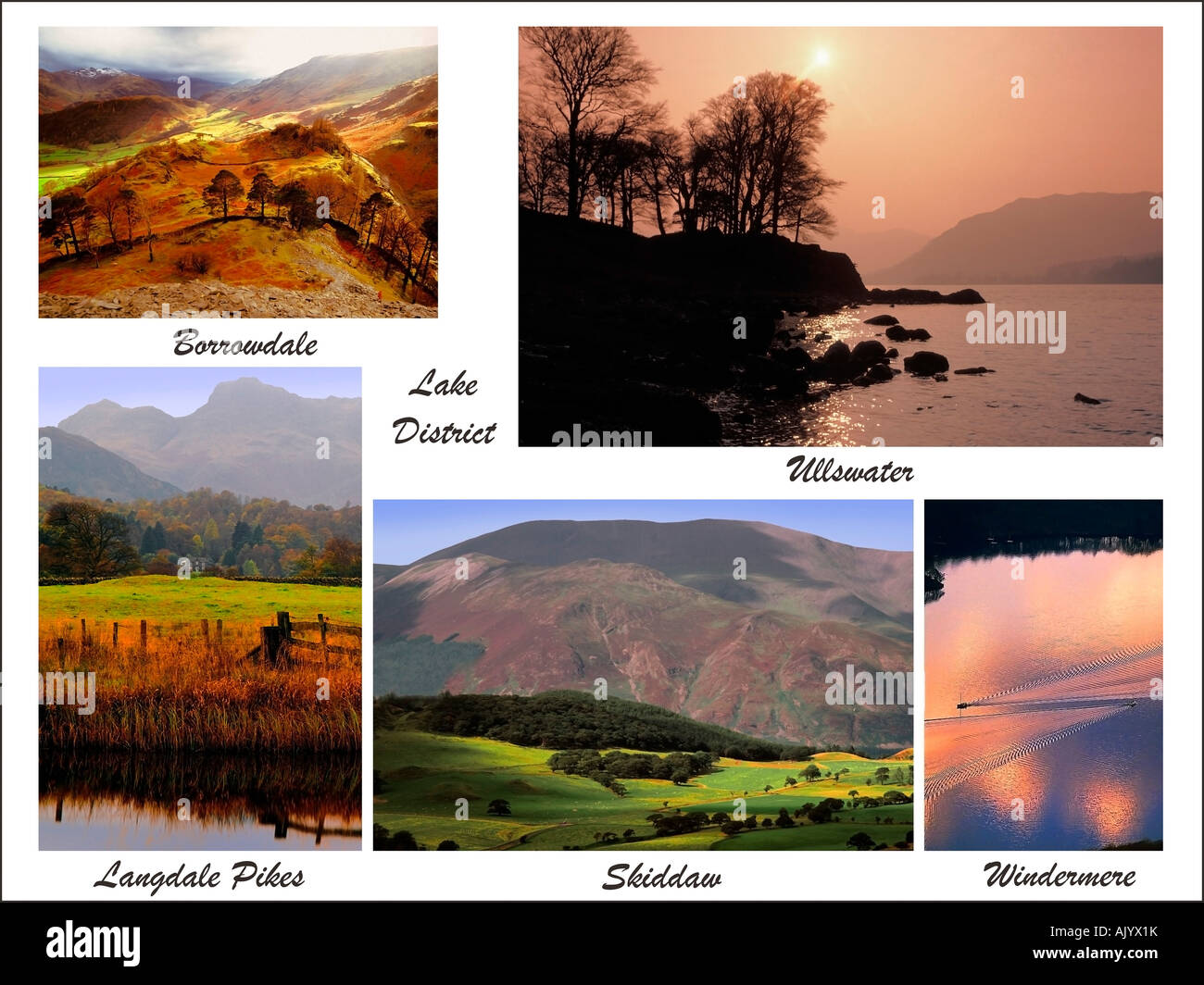 eine digitale Ansichtskarte des Lake District zusammengesetzt aus meinen eigenen Bildern Stockfoto