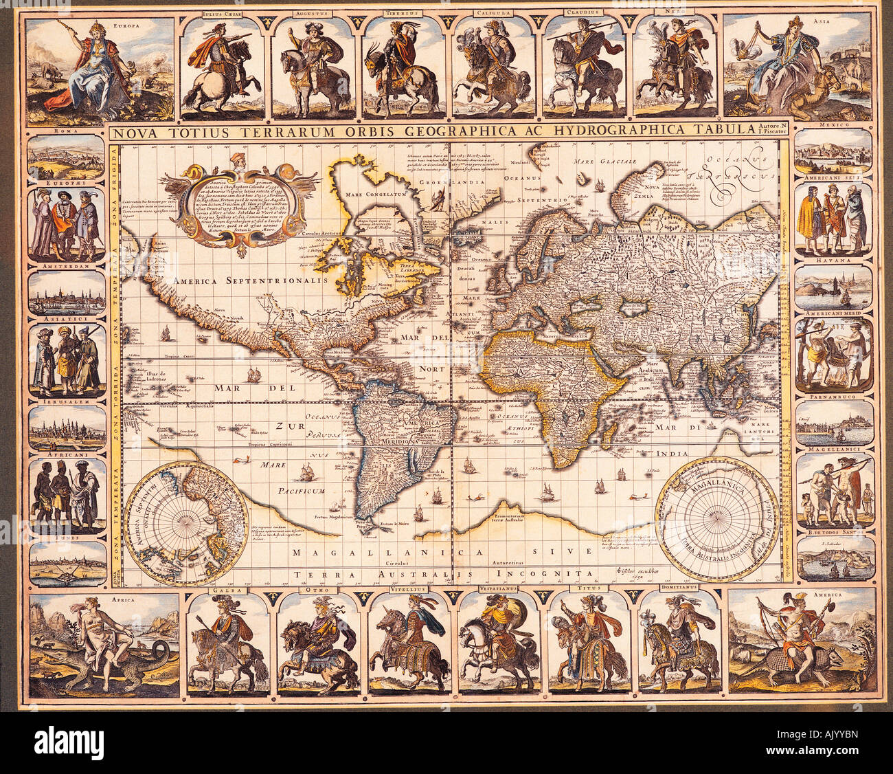 Historische Karte der Welt. Nova totius Terrarum Orbis geographica ac hydrographica Tabula von Hendrik Hondius, 1630. Stockfoto